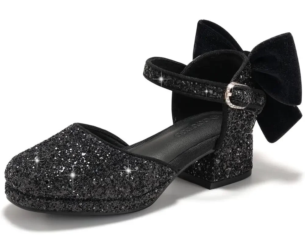 Coutgo Girls Glitter Bow Heels Platform Party Shoes Flower Girl Wedding Shoes